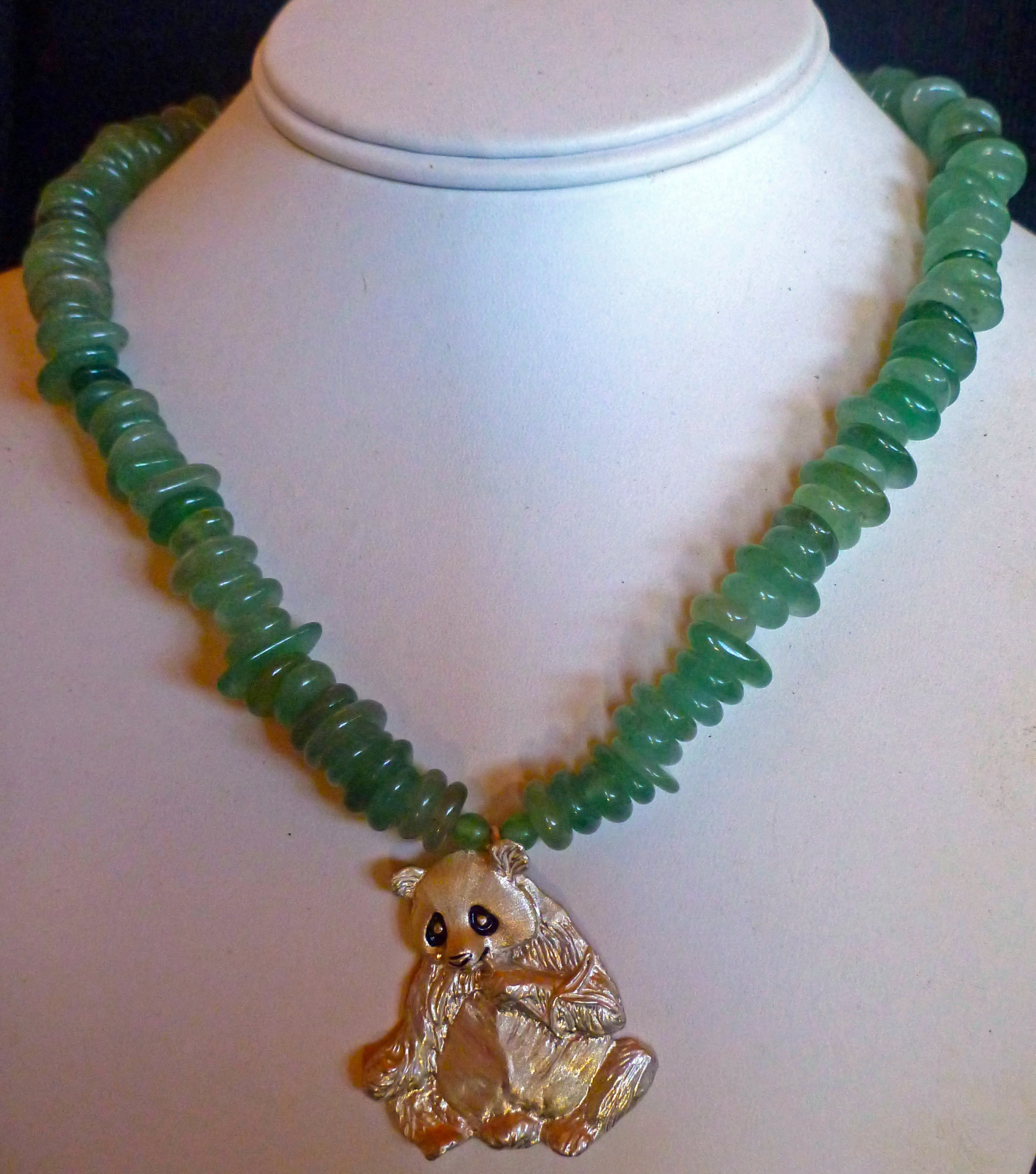 Sterling silver: Large Panda drop with green jade