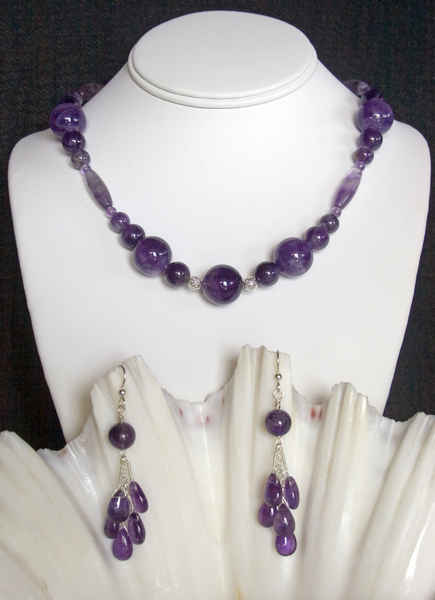 Sterling silver: Amethyst bead necklace and earrings set