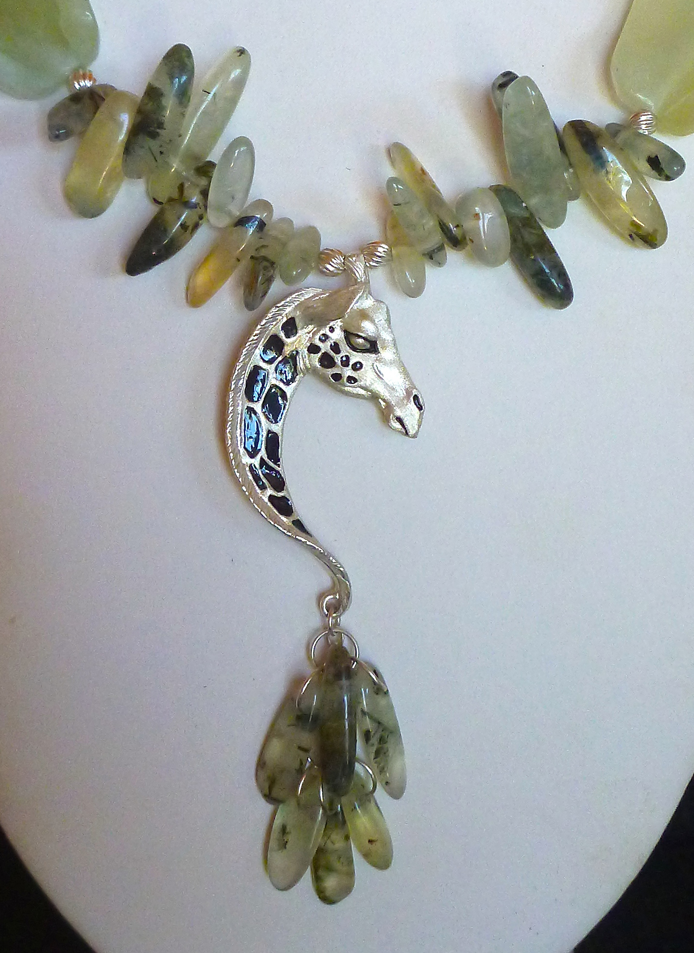 Sterling Silver: Giraffe Bust Large with rutilated quartz and jade