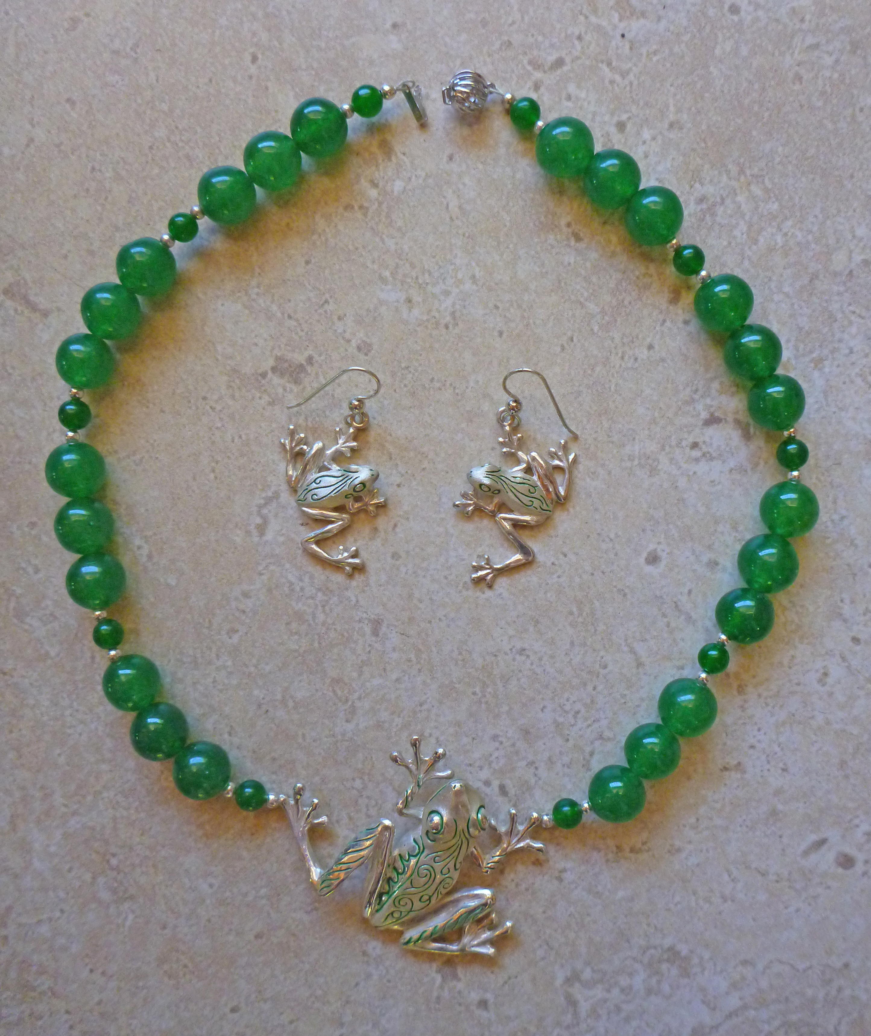 Sterling silver: Fantasy Frog with green jade and matching earrings